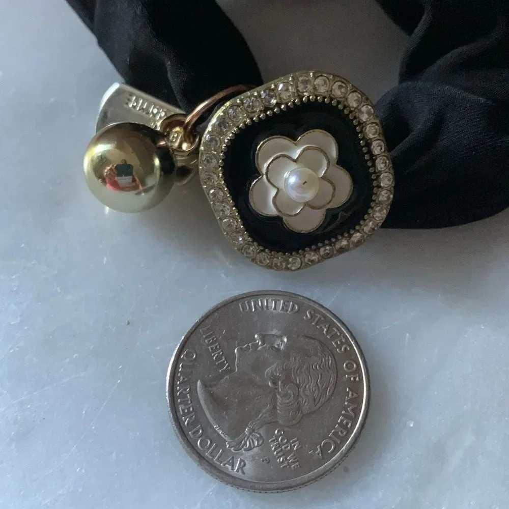 Camellia Flower Charm Black Scrunchie - Hair Tie Hair Band